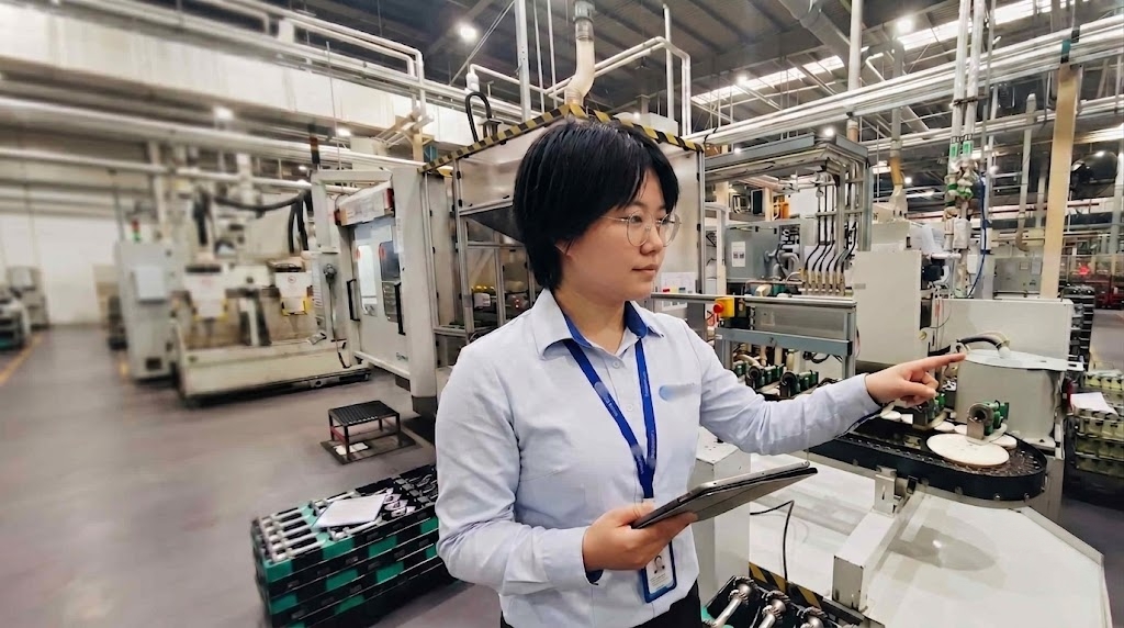 Technical buyer reviewing machining production evidence in a factory